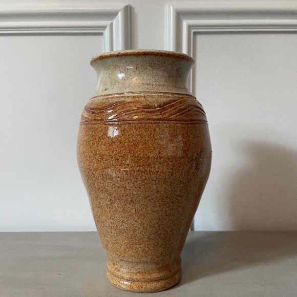 SOLD Hand Thrown Studio Pottery Earth Tone Glaze Vase with Cut Design - Picture 1 of 4
